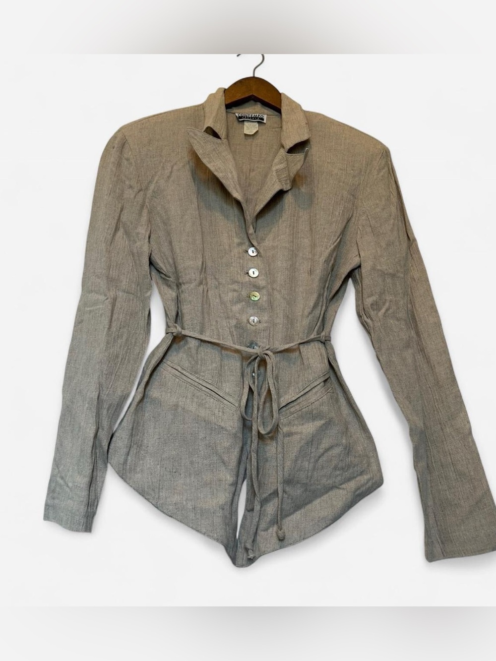 90s Contempo Casuals Taupe Tailored Tie-Waist Button Up Linen Jacket